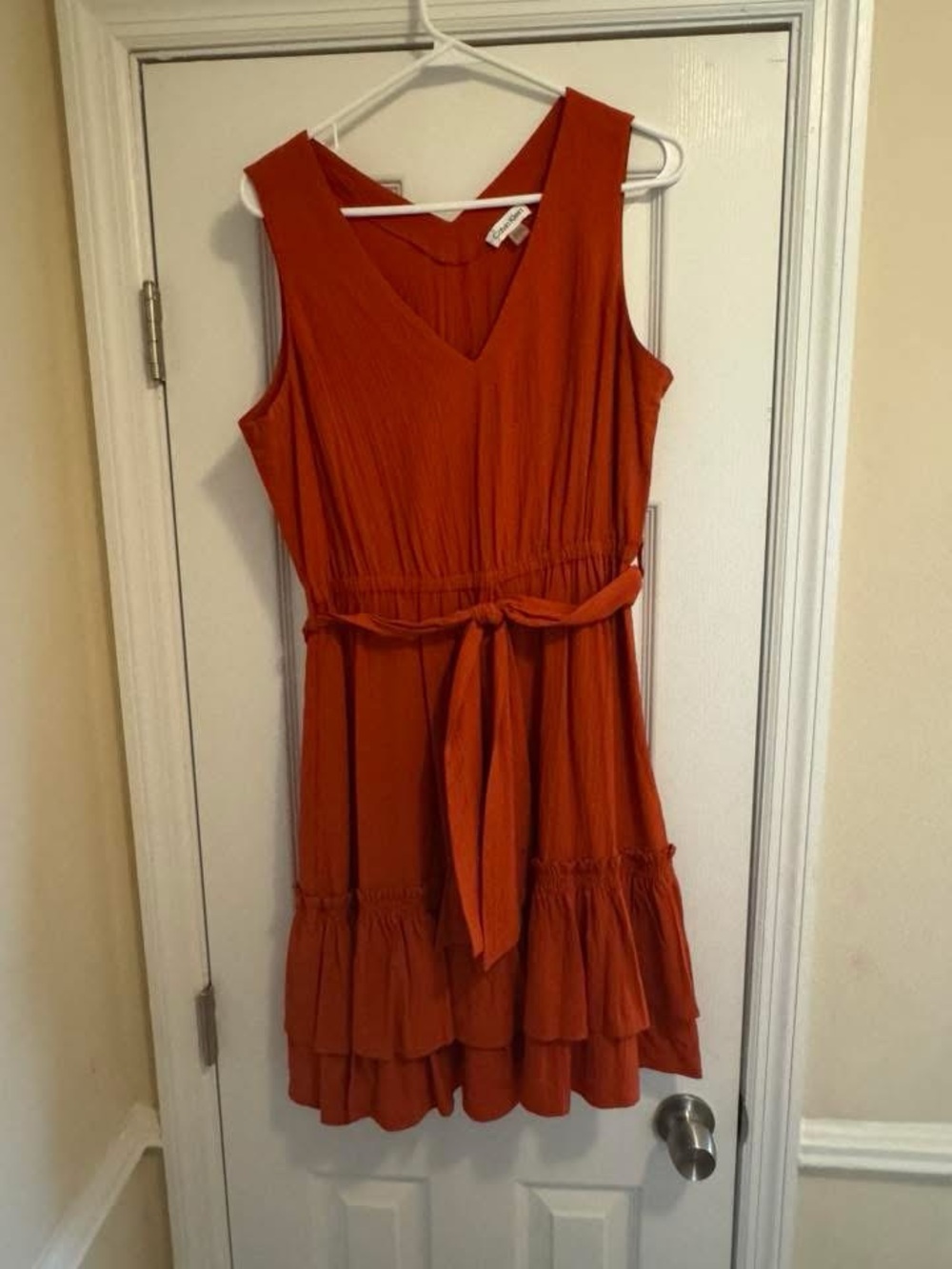 Calvin Klein Sleeveless V-Neck Tiered Midi Dress in Burnt Orange